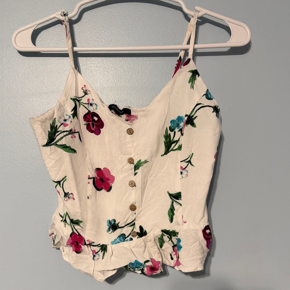 Ambiance Floral Button Down Women's S‎ Cami Top White Pink Smocked Peplum 0988